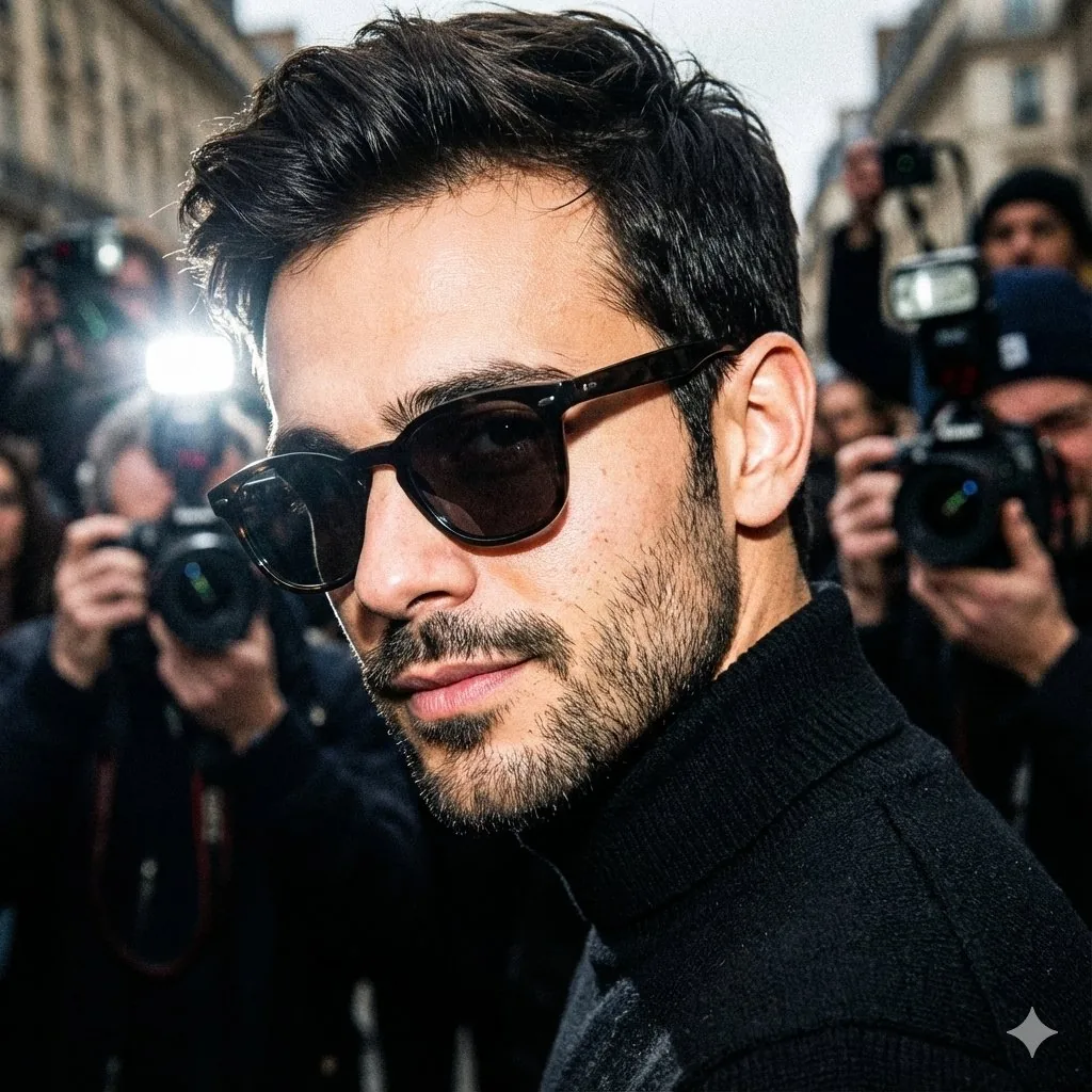 Unplanned paparazzi-style street portrait of a man reference
