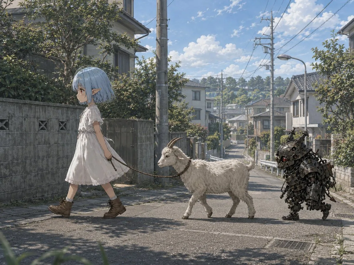 Elf Girl Walking Goat and Robot reference