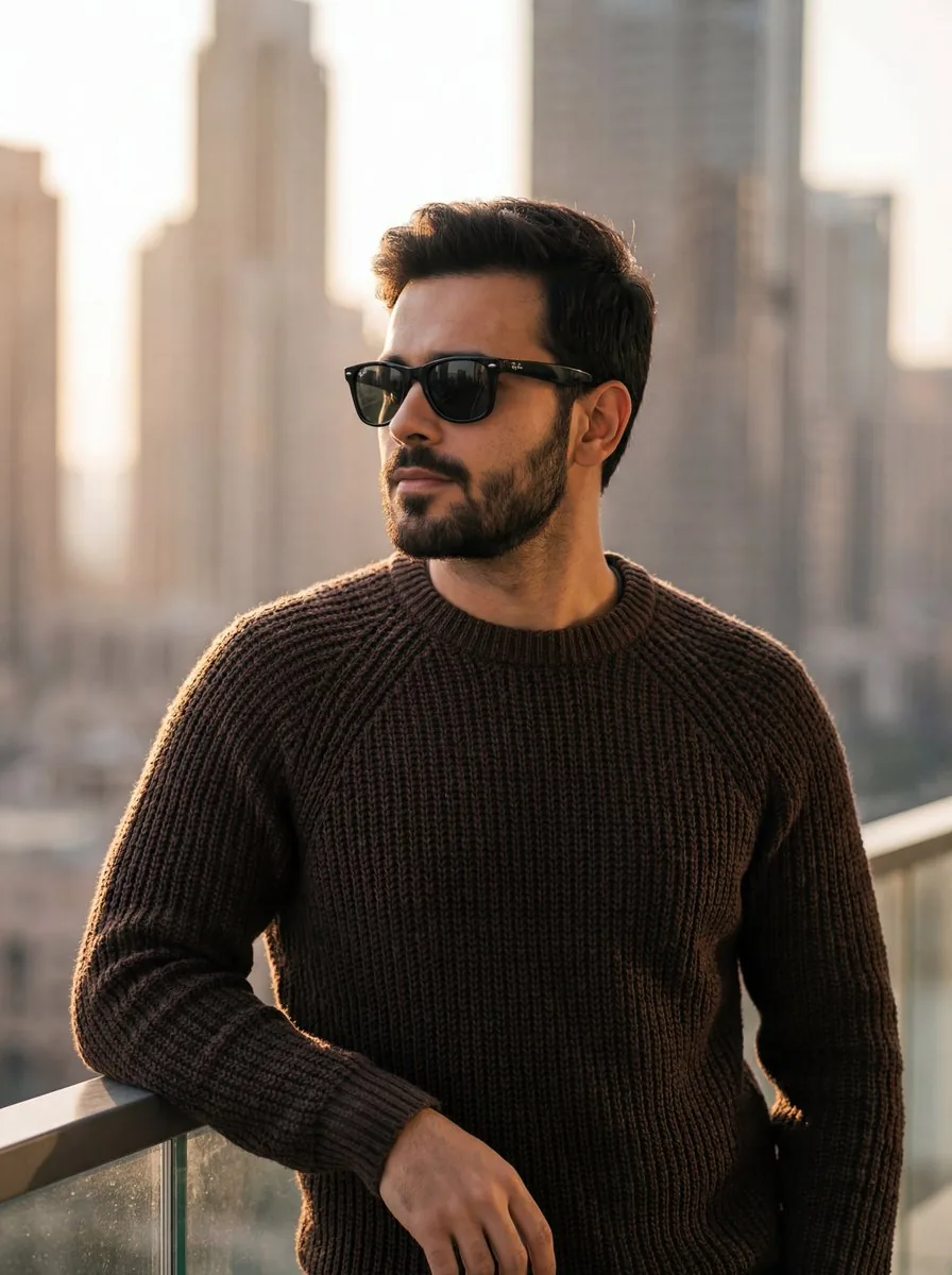 Golden Hour Portrait of Stylish Man on Balcony reference