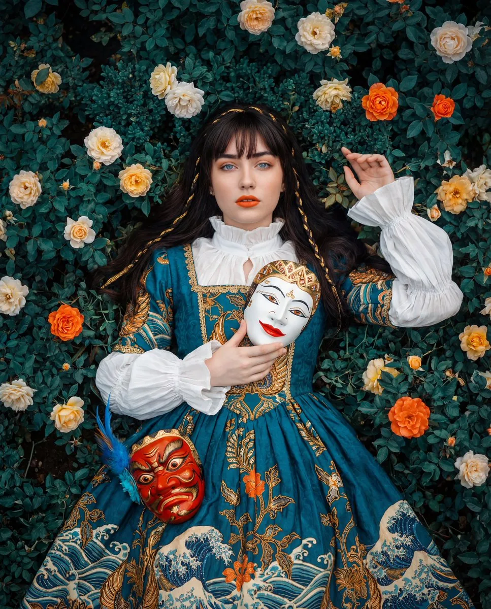 Cultural Fusion Overhead Portrait with Masks reference