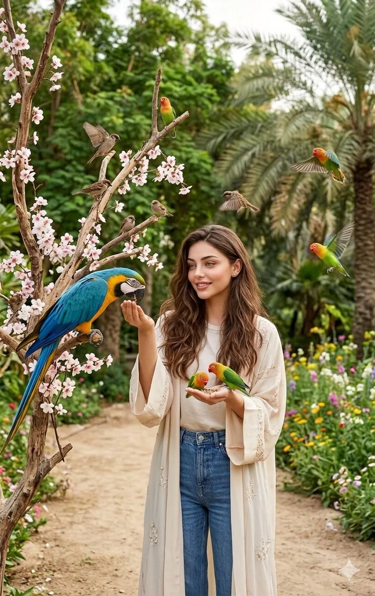 Indian Woman with Macaw in Forest reference