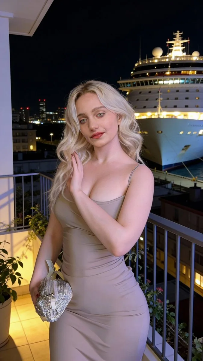 Luxury Nighttime Balcony Portrait with Harbor View - Nano Banana Pro AI Prompt for Social Media Post reference