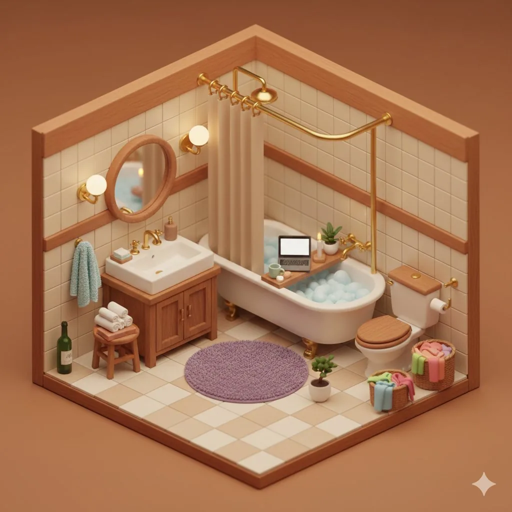 Isometric Cozy Bathroom Diorama Prompt - Nano Banana Pro AI Prompt for Architecture / Interior reference