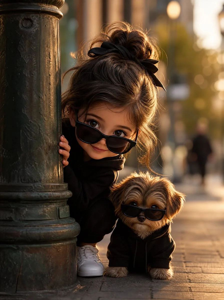 Girl and Puppy Behind Lamppost reference