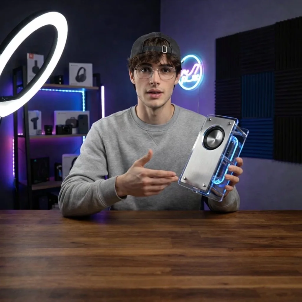 Tech YouTuber Demoing Bluetooth Speaker Video Prompt reference