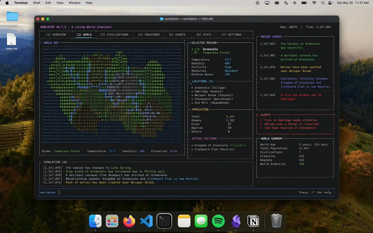 Mac Terminal World Sim UI reference