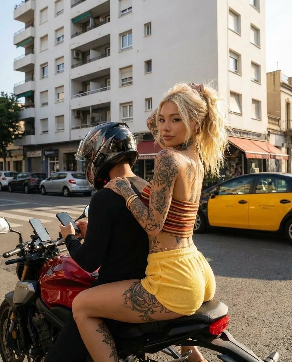 Photorealistic Street Photography of Tattooed Woman on Motorcycle reference