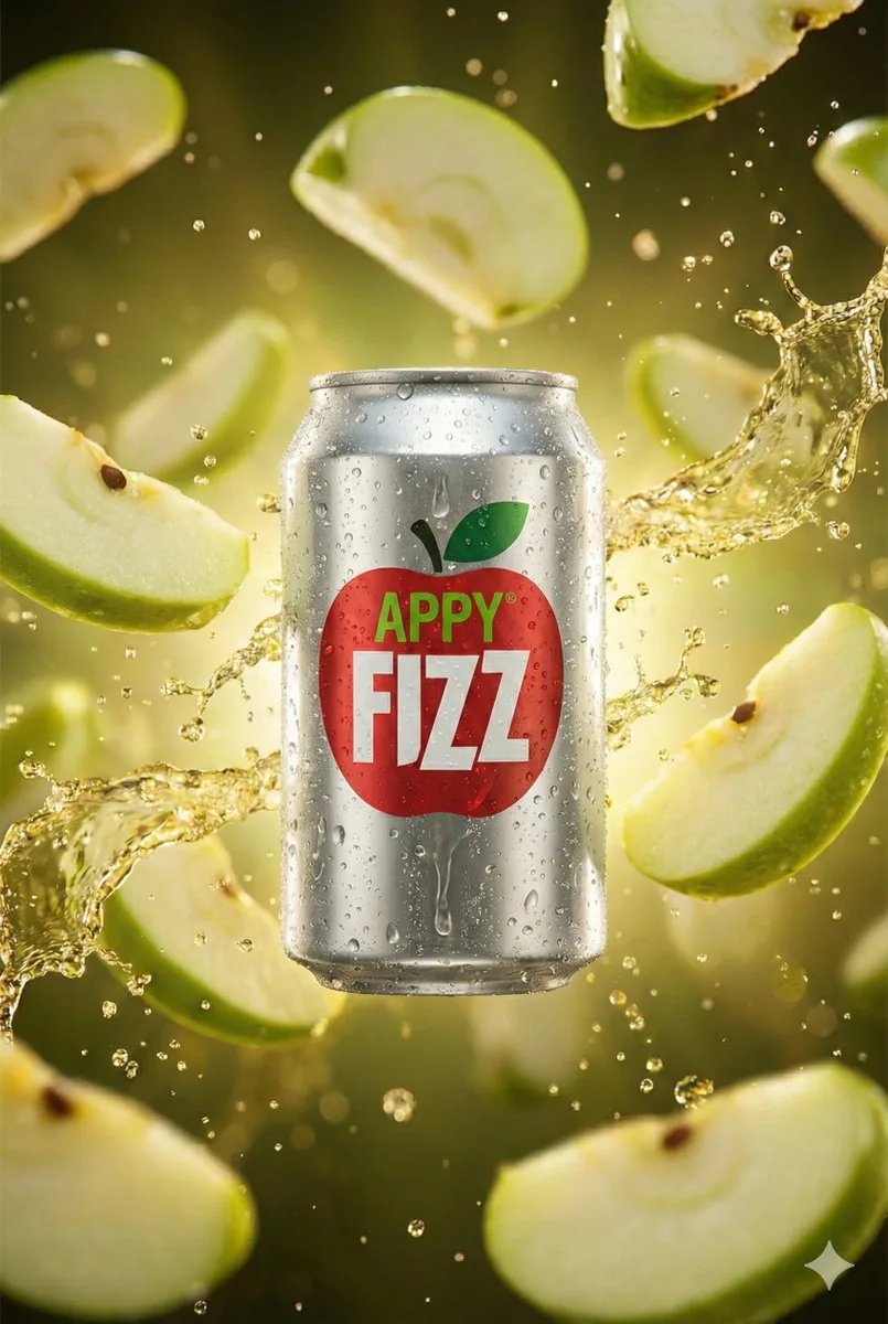 Hyper-realistic cinematic product shot of Appy Fizz can with exploding apple slices - Nano Banana Pro AI Prompt for Product Marketing reference