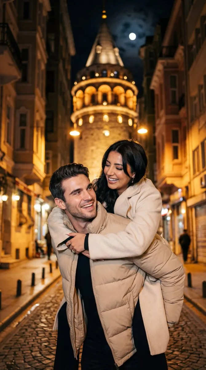 Romantic Nighttime Piggyback in front of Galata Tower - Nano Banana Pro AI Prompt for Social Media Post reference