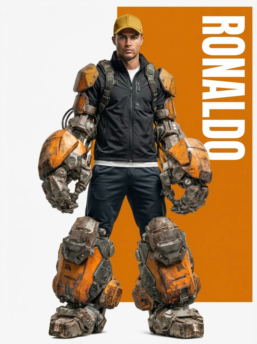 Ronaldo Futuristic Exoskeleton Portrait Prompt - Nano Banana Pro AI Prompt for Poster / Flyer reference