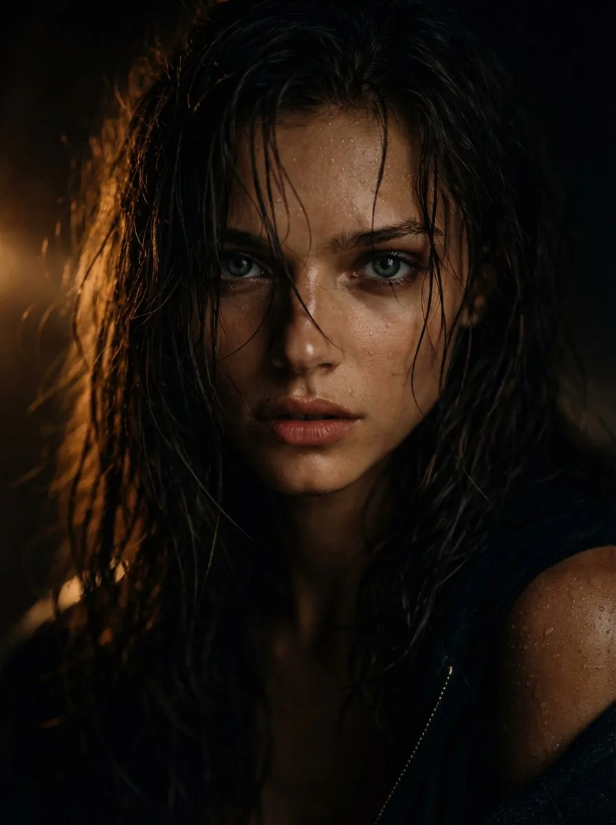 Cinematic Wet Hair Portrait Prompt reference
