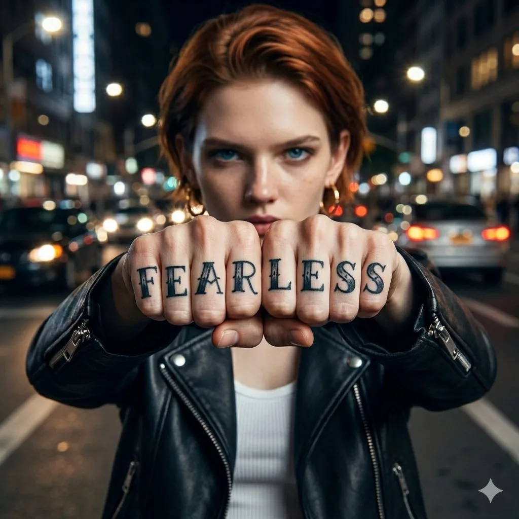Hyper-realistic Portrait with Knuckle Tattoos reference