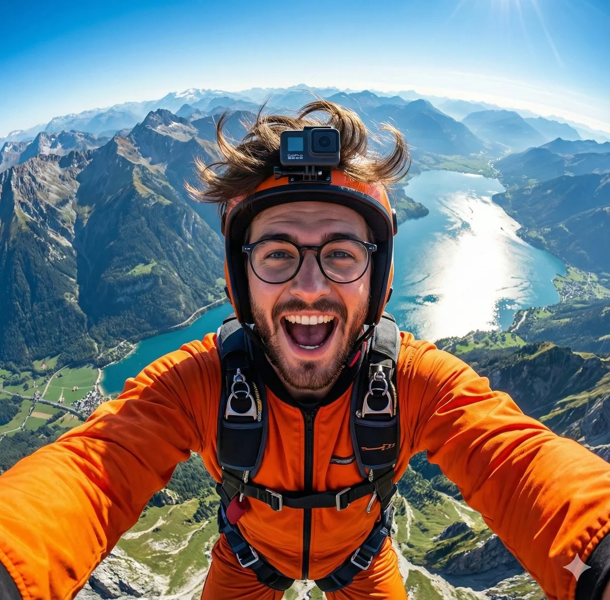 GoPro-style extreme sports selfie prompt reference