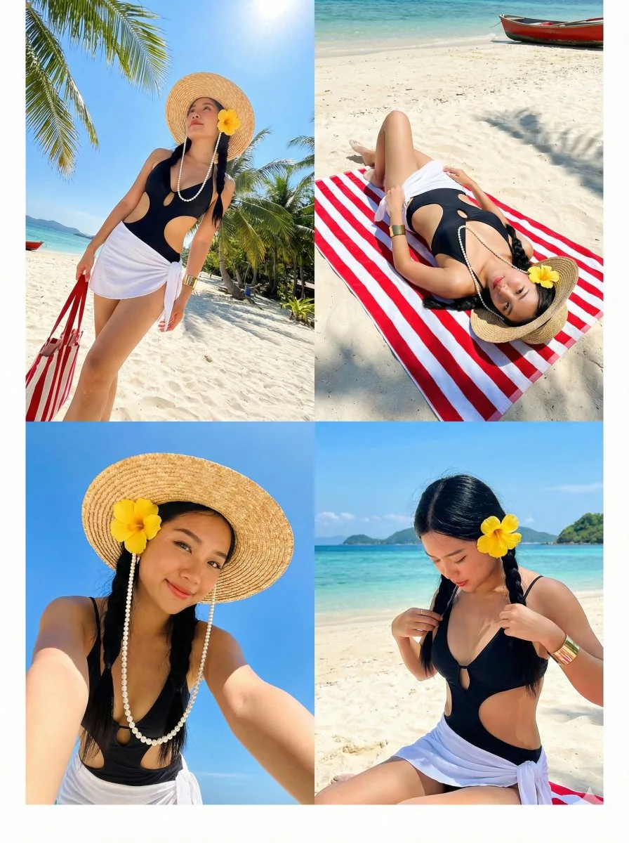 Tropical Beach Vacation Photo Collage - Nano Banana Pro AI Prompt for Social Media Post reference