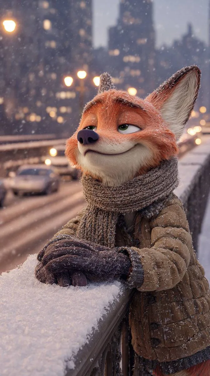 Anthropomorphic Fox in a Winter City reference