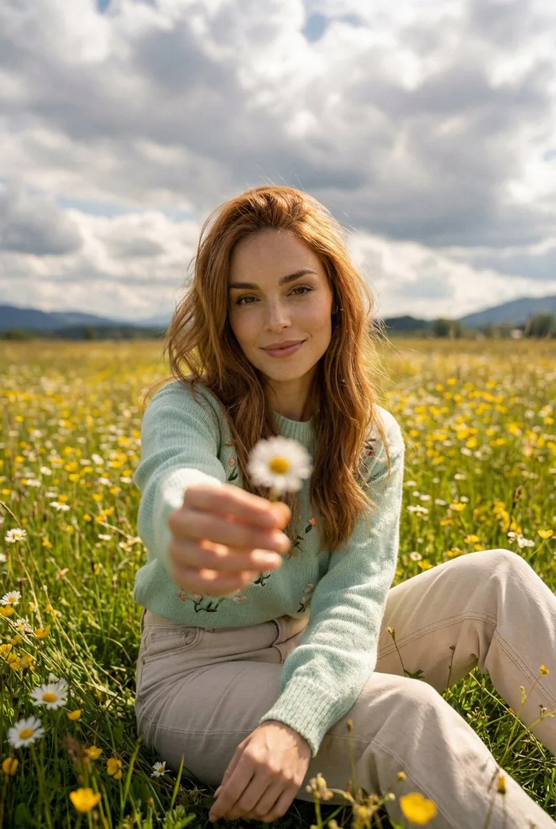 Cinematic Portrait in a Sunlit Meadow - Nano Banana Pro AI Prompt for Social Media Post reference