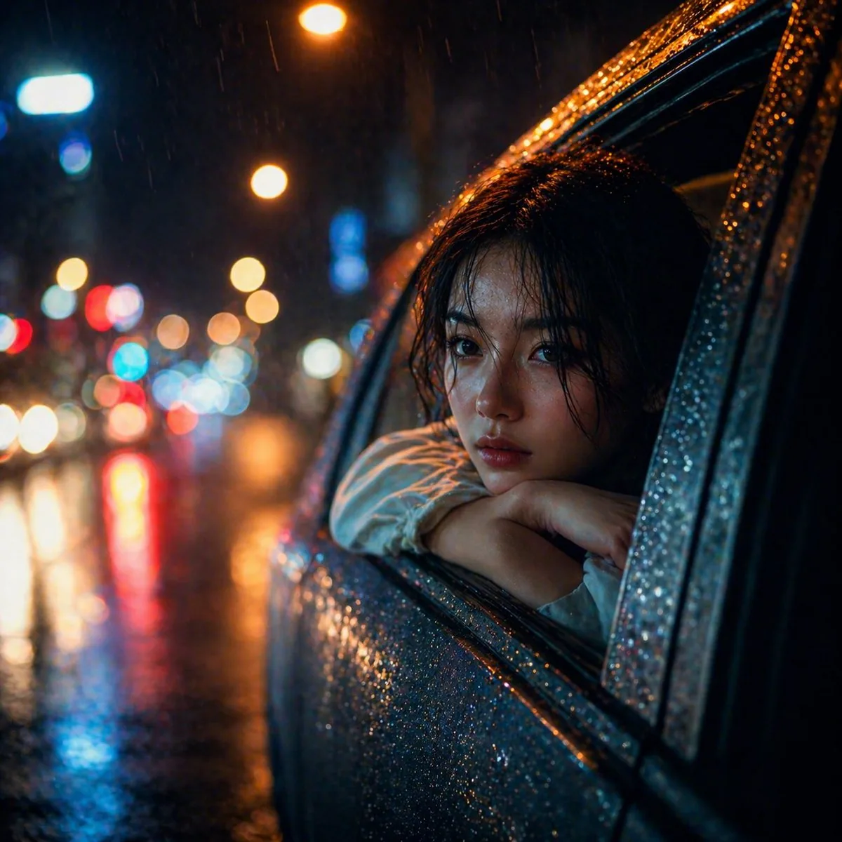 Rainy Night Woman Leaning from Car reference