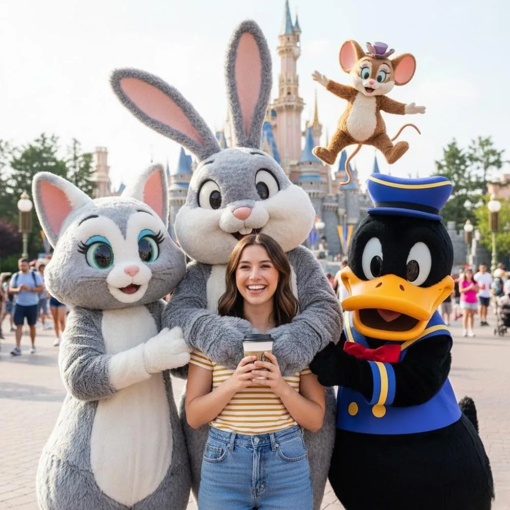 Magical Theme Park Portrait with Mascot Characters - Nano Banana Pro AI Prompt for Social Media Post reference