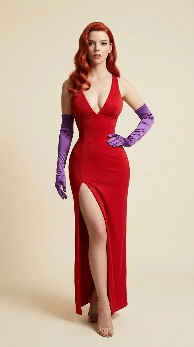 Jessica Rabbit Cosplay with Anya Taylor-Joy Likeness - Nano Banana Pro AI Prompt for Product Marketing reference