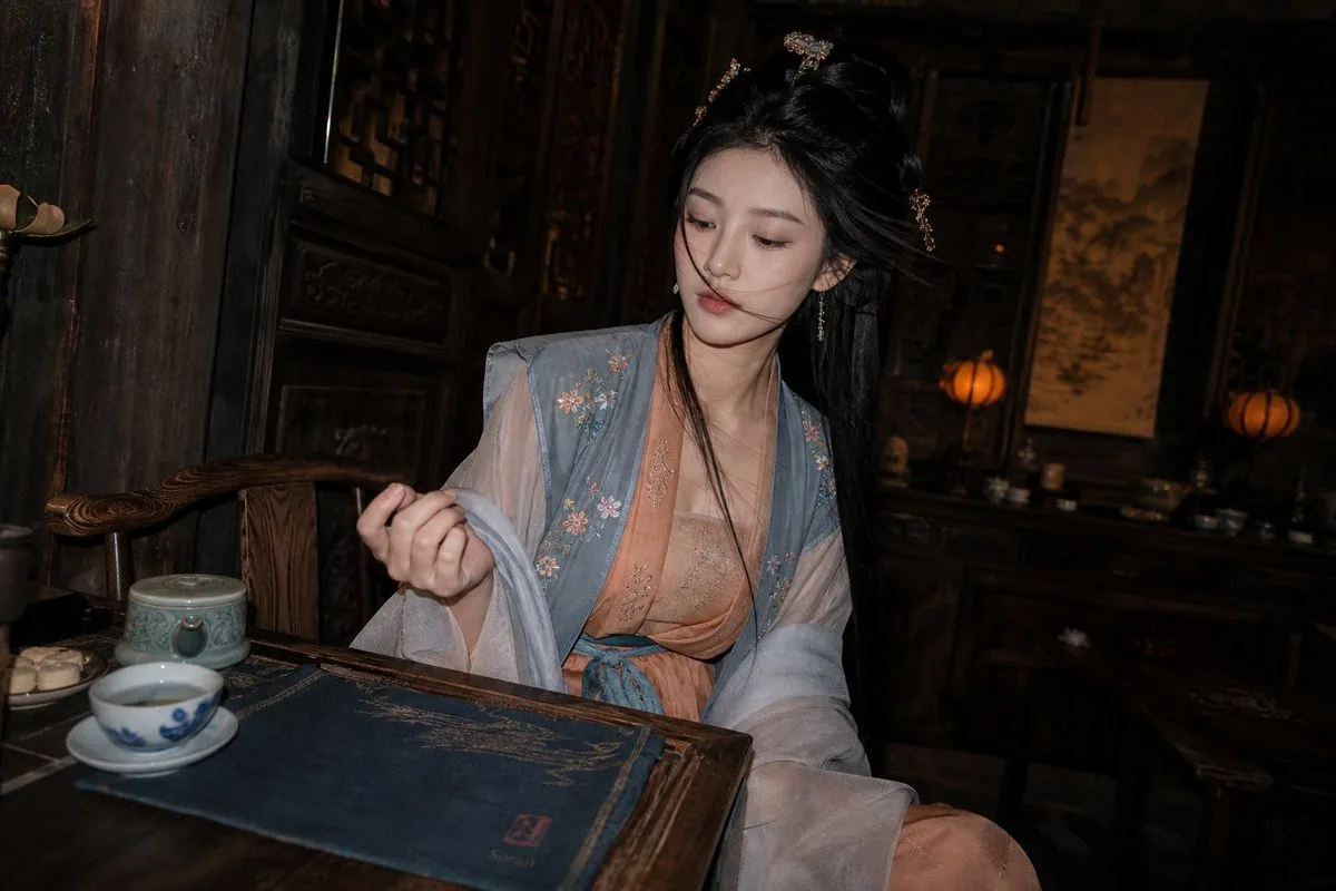 Cinematic Hanfu Tea Room Portrait reference