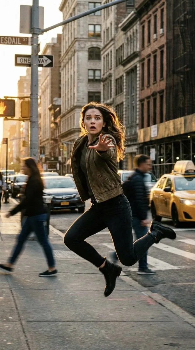Cinematic Freeze-Frame Action Shot in NYC Prompt reference