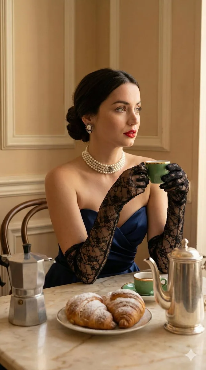 Old Hollywood Glamour Portrait of Ana de Armas in a Cafe - Nano Banana Pro AI Prompt for Social Media Post reference