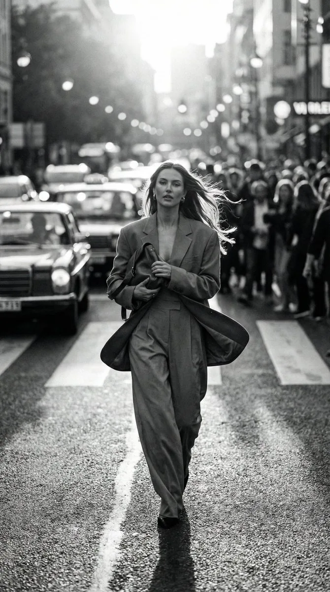 Black and White Dynamic Street Fashion Prompt - Nano Banana Pro AI Prompt for Social Media Post reference