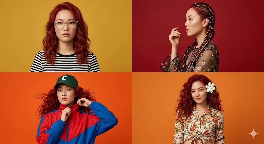 Four-Panel Fashion Collage of a Woman with Red Hair - Nano Banana Pro AI Prompt for Social Media Post reference