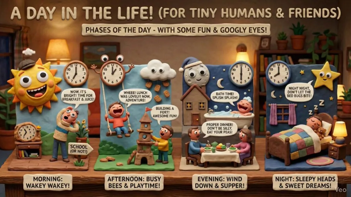 Claymation day phases infographic for kids reference