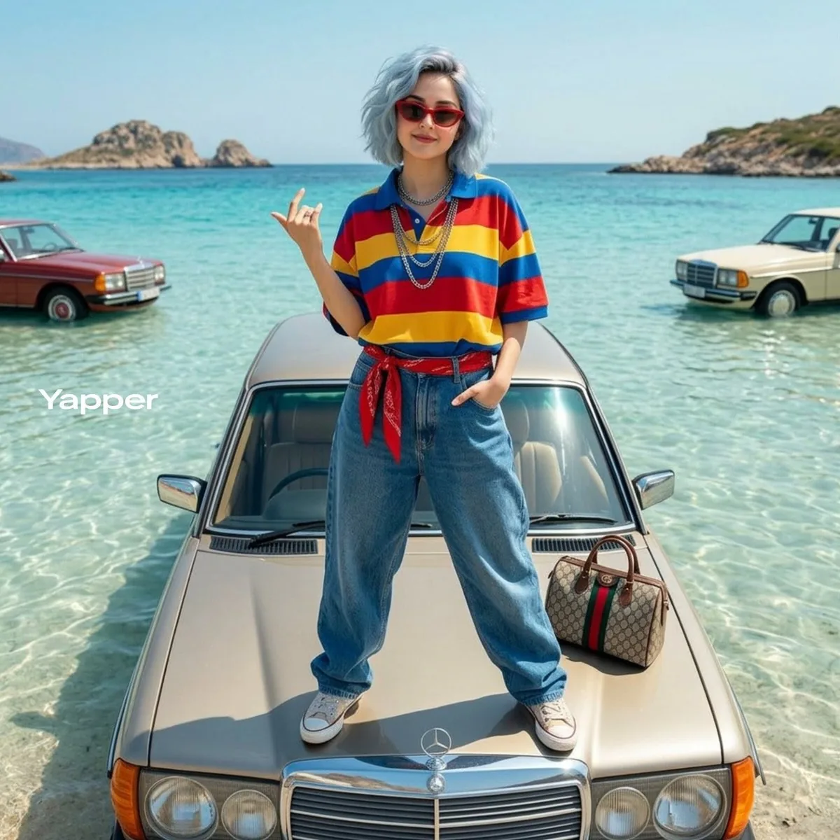 Stylish Woman on Submerged Vintage Car reference