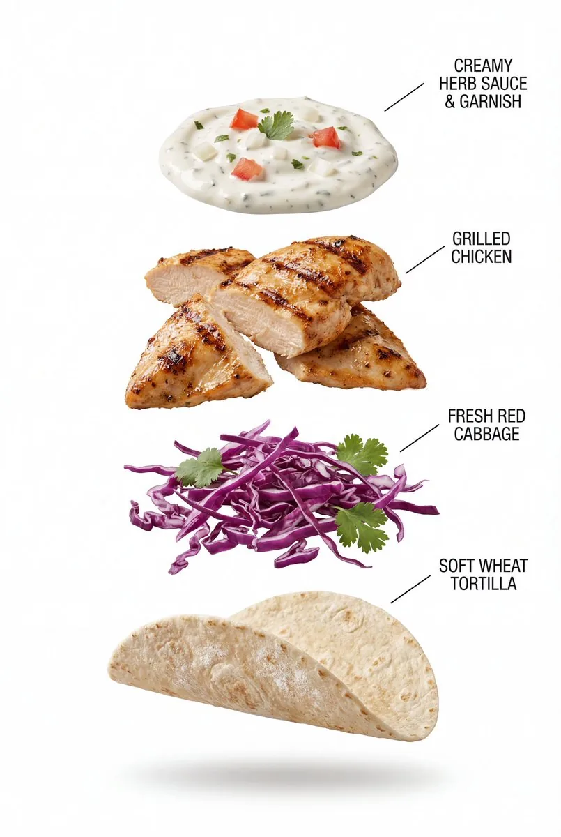Exploded View Grilled Chicken Taco Product Photography - Nano Banana Pro AI Prompt for Product Marketing reference