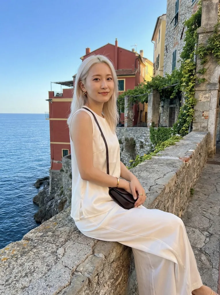 Quiet Luxury Mediterranean Vacation Portrait - Nano Banana Pro AI Prompt for Social Media Post reference