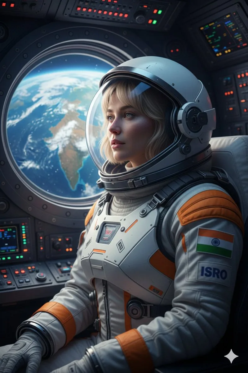 Cinematic Portrait of Indian Astronaut in ISRO Spacesuit reference