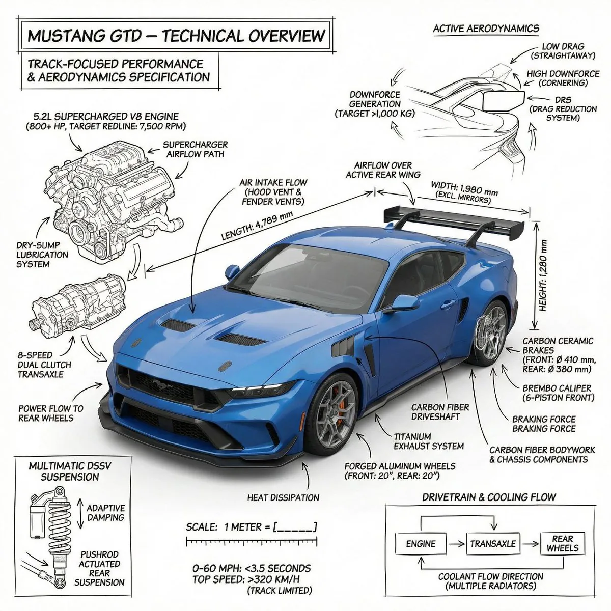 Infographic image of Mustang GTD with technical annotations - Nano Banana Pro AI Prompt for Infographic / Edu Visual reference