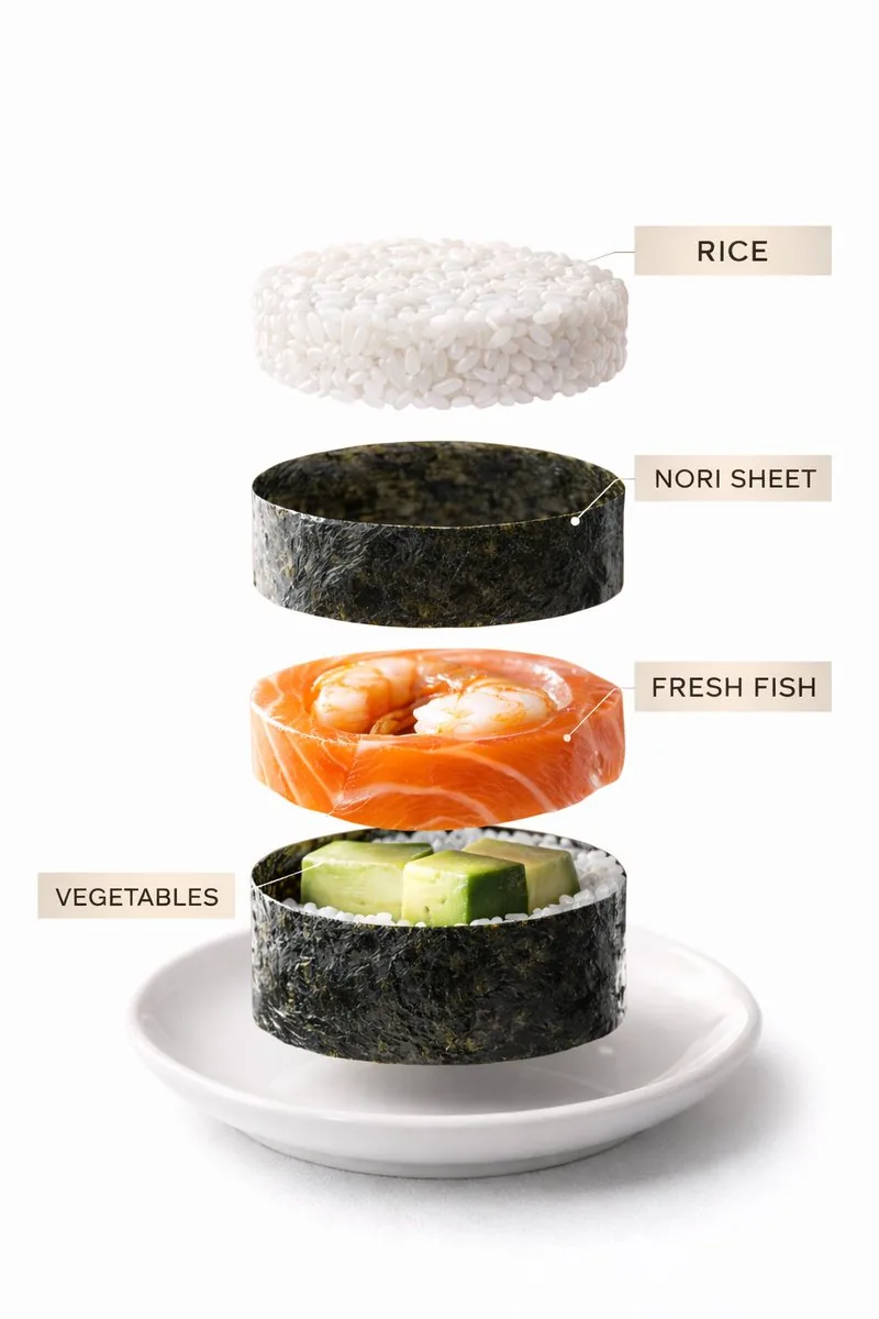 Sushi Commercial Photography and Exploded Diagram Prompt reference