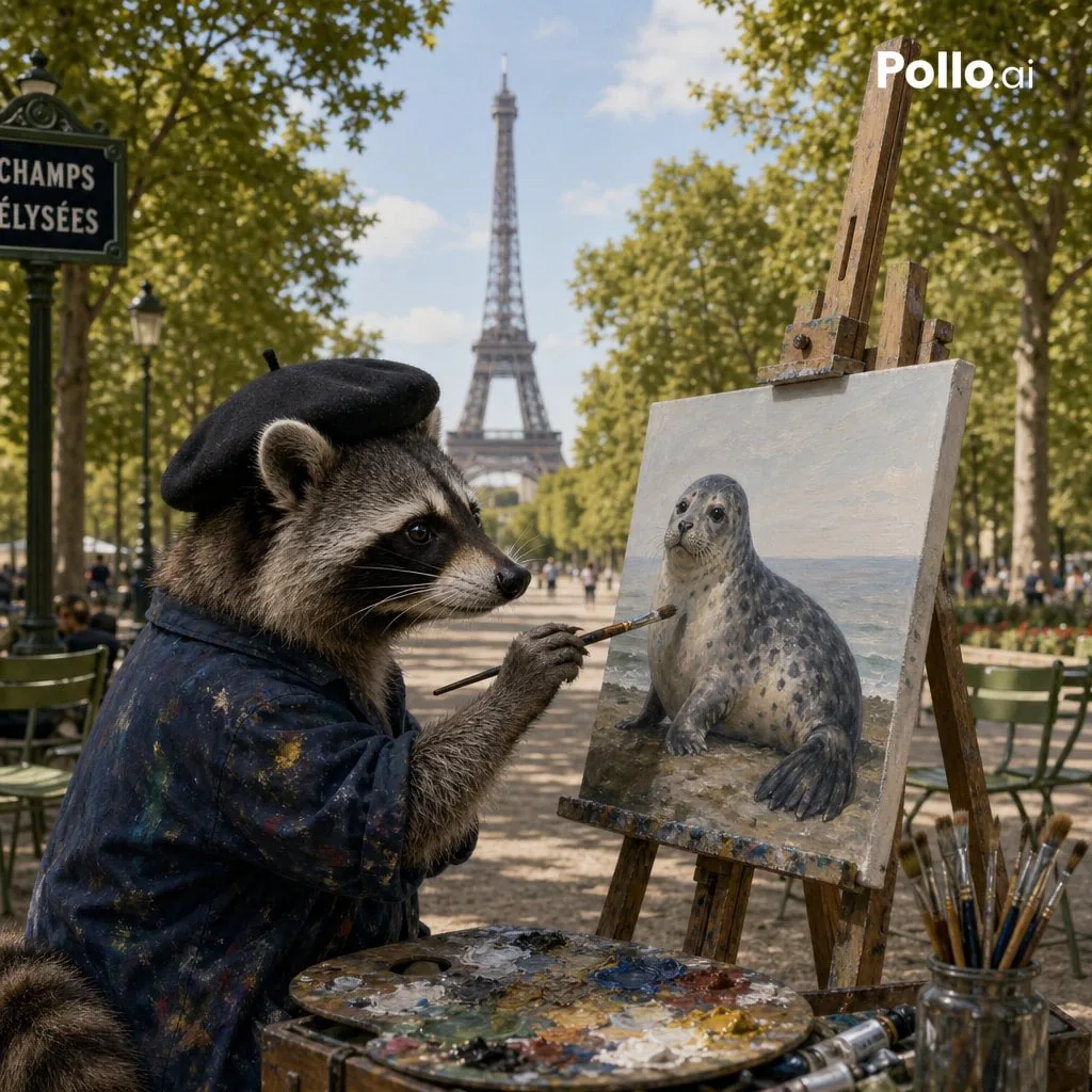 Photorealistic Raccoon Painter in Paris reference