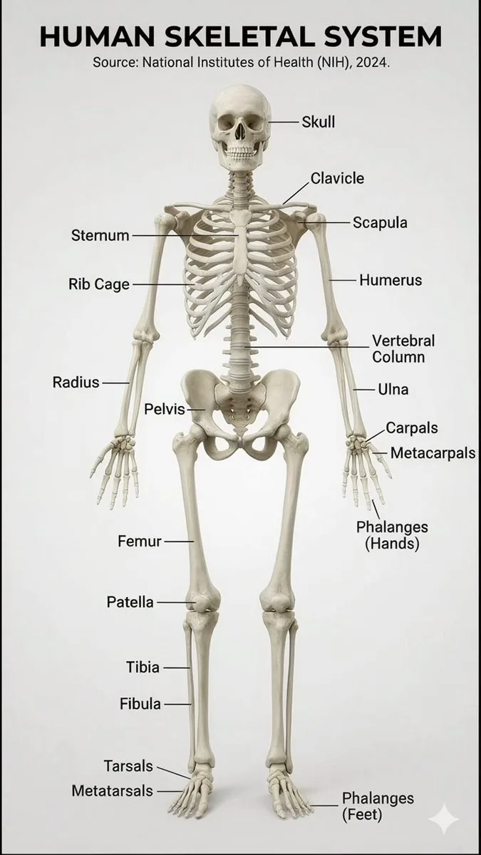 Realistic human skeletal system infographic reference
