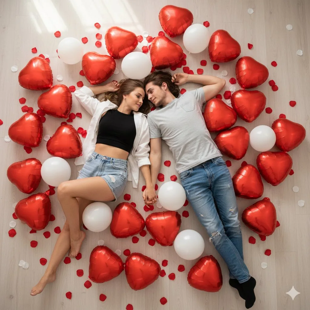 Romantic Overhead Shot with Heart Balloons - Nano Banana Pro AI Prompt for Social Media Post reference