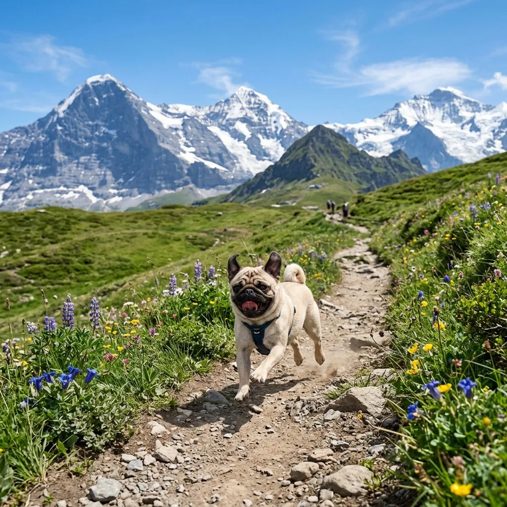 Pug Running on Alpine Trail reference