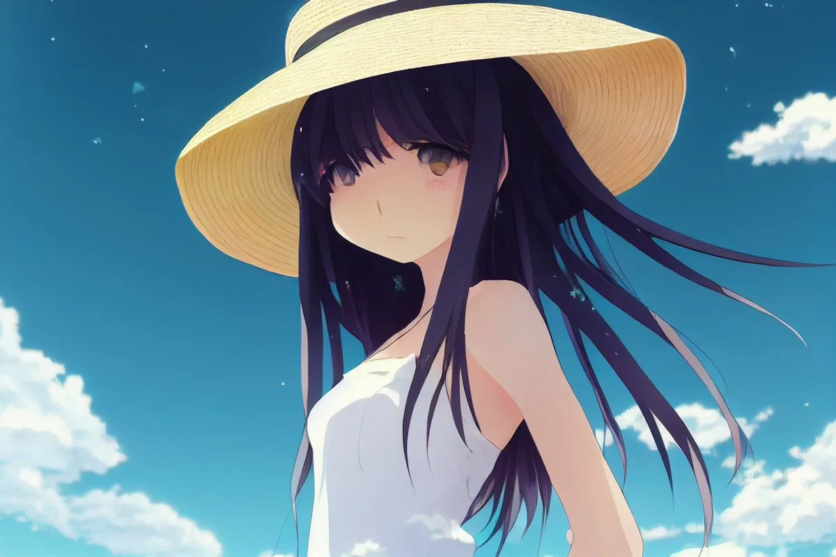 Anime Girl in Straw Hat Under Blue Sky reference