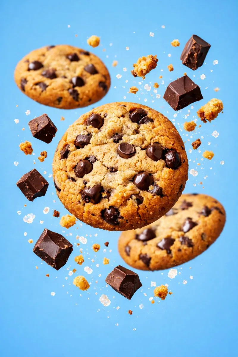 Hyper-realistic commercial food photography of chocolate chip cookies - Nano Banana Pro AI Prompt for Product Marketing reference