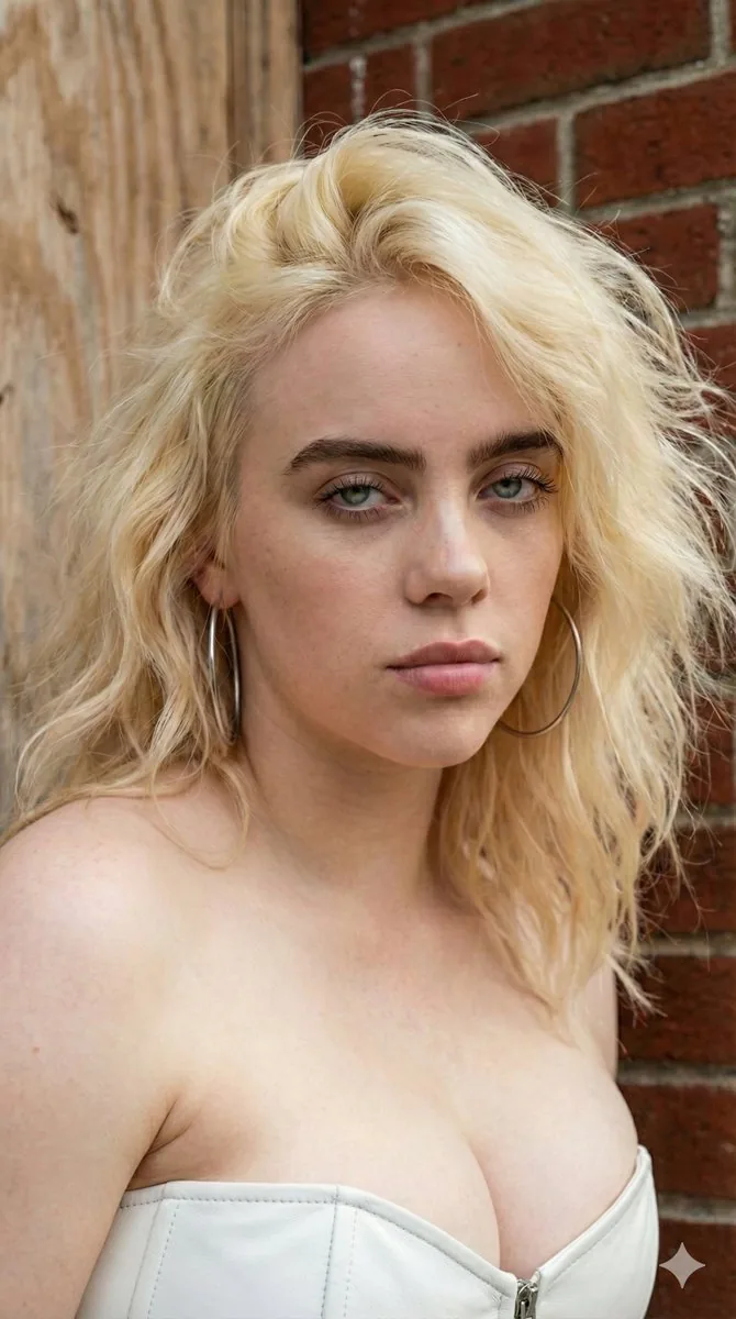 4K HD Photograph of Billie Eilish in White Leather Corset - Nano Banana Pro AI Prompt for Social Media Post reference