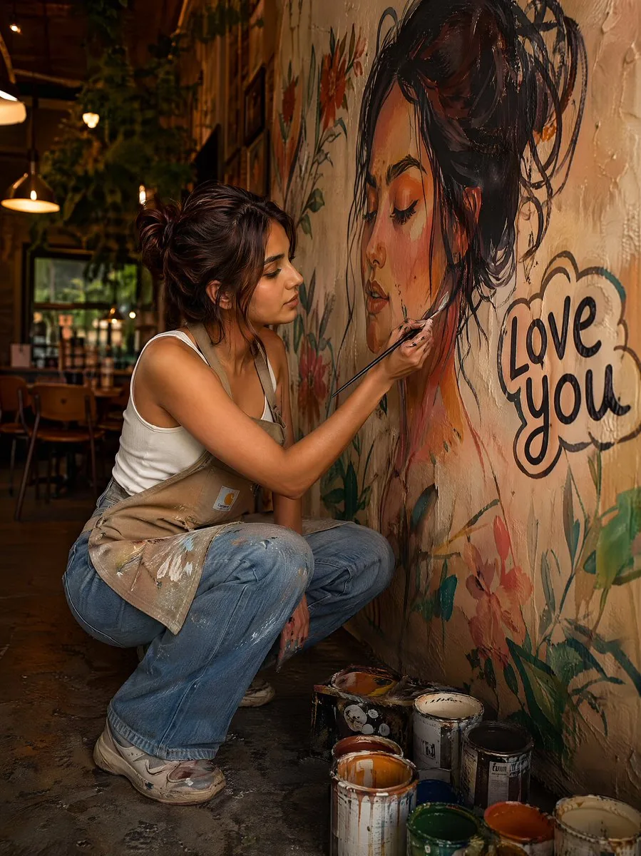 Editorial Portrait of Artist Painting Café Mural