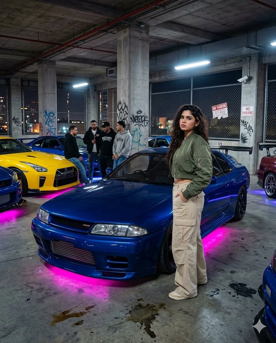 Cinematic Urban Car Meet Scene - Nano Banana Pro AI Prompt for Social Media Post reference