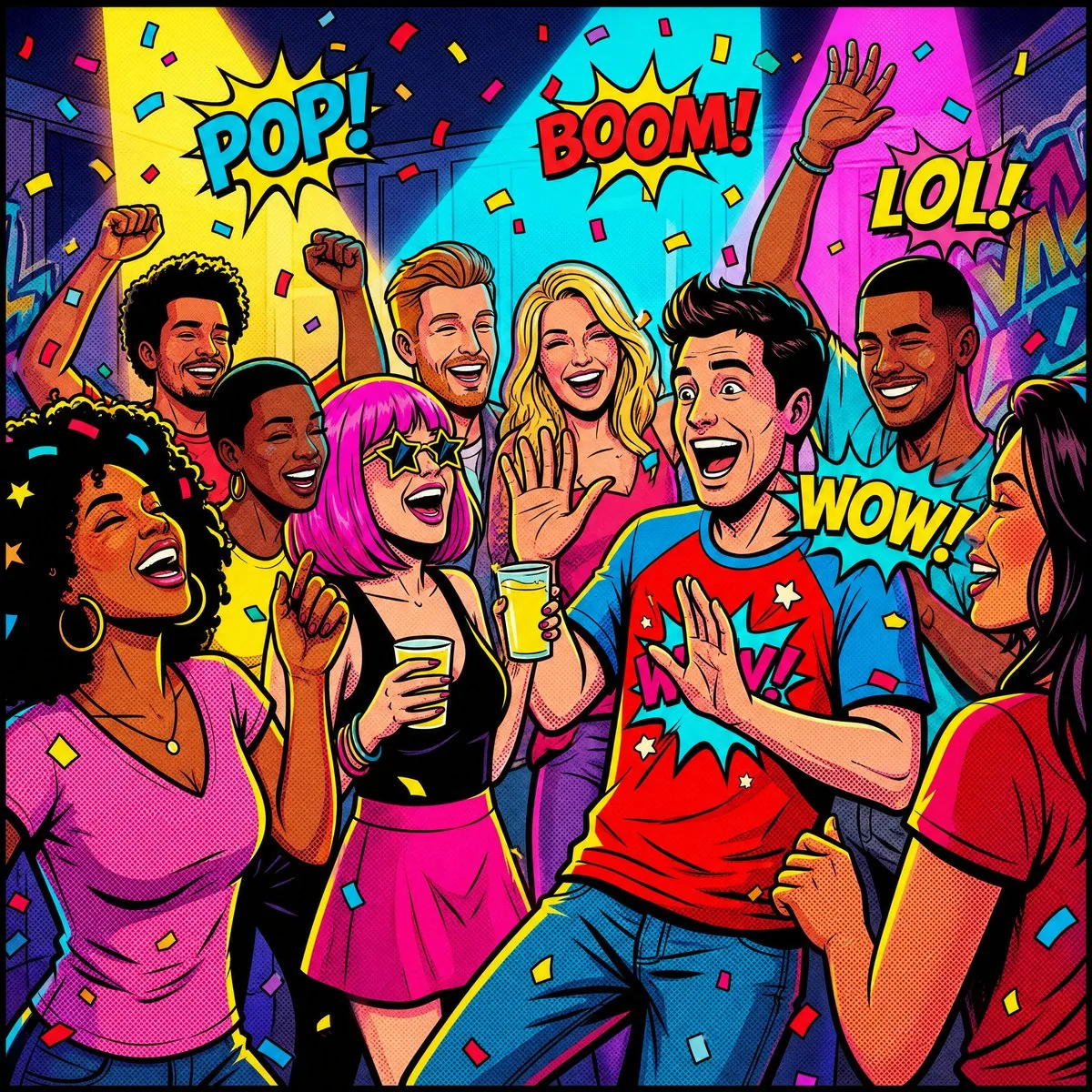 Vibrant Pop Art Party Scene reference