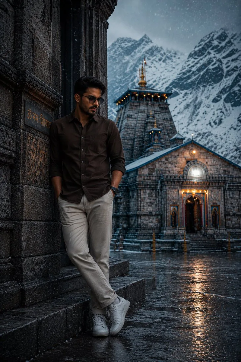 Kedarnath Temple Introspective Portrait - Nano Banana Pro AI Prompt for Social Media Post reference