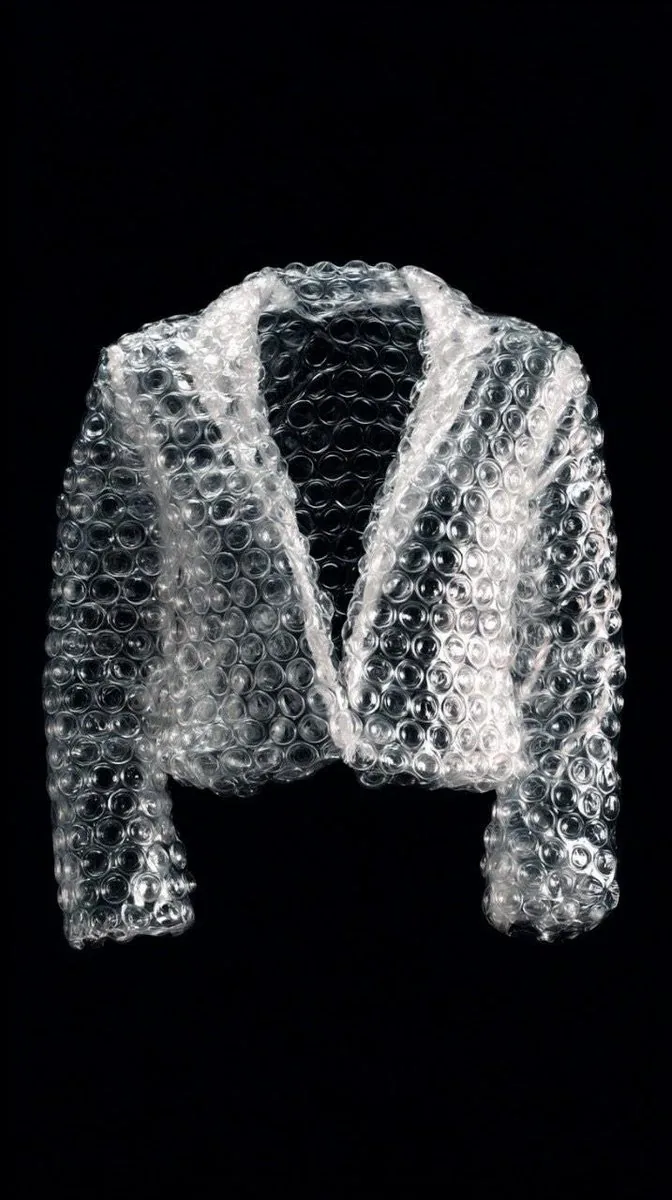 Minimalist studio shot of transparent bubble wrap fashion item reference