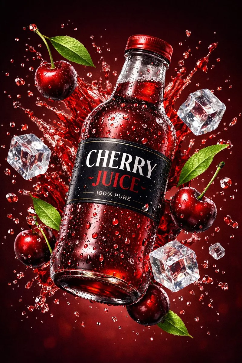 3D Commercial Shot of Cherry Juice Bottle - Nano Banana Pro AI Prompt for Product Marketing reference
