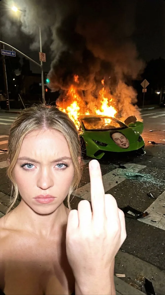 Gritty Night Photo of Woman Flipping Off Camera with Burning Lamborghini - Nano Banana Pro AI Prompt for Social Media Post reference
