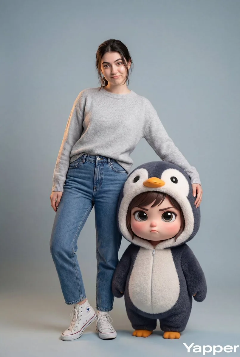 Hyper-Realistic Portrait with Chibi Penguin Character - Nano Banana Pro AI Prompt for Social Media Post reference